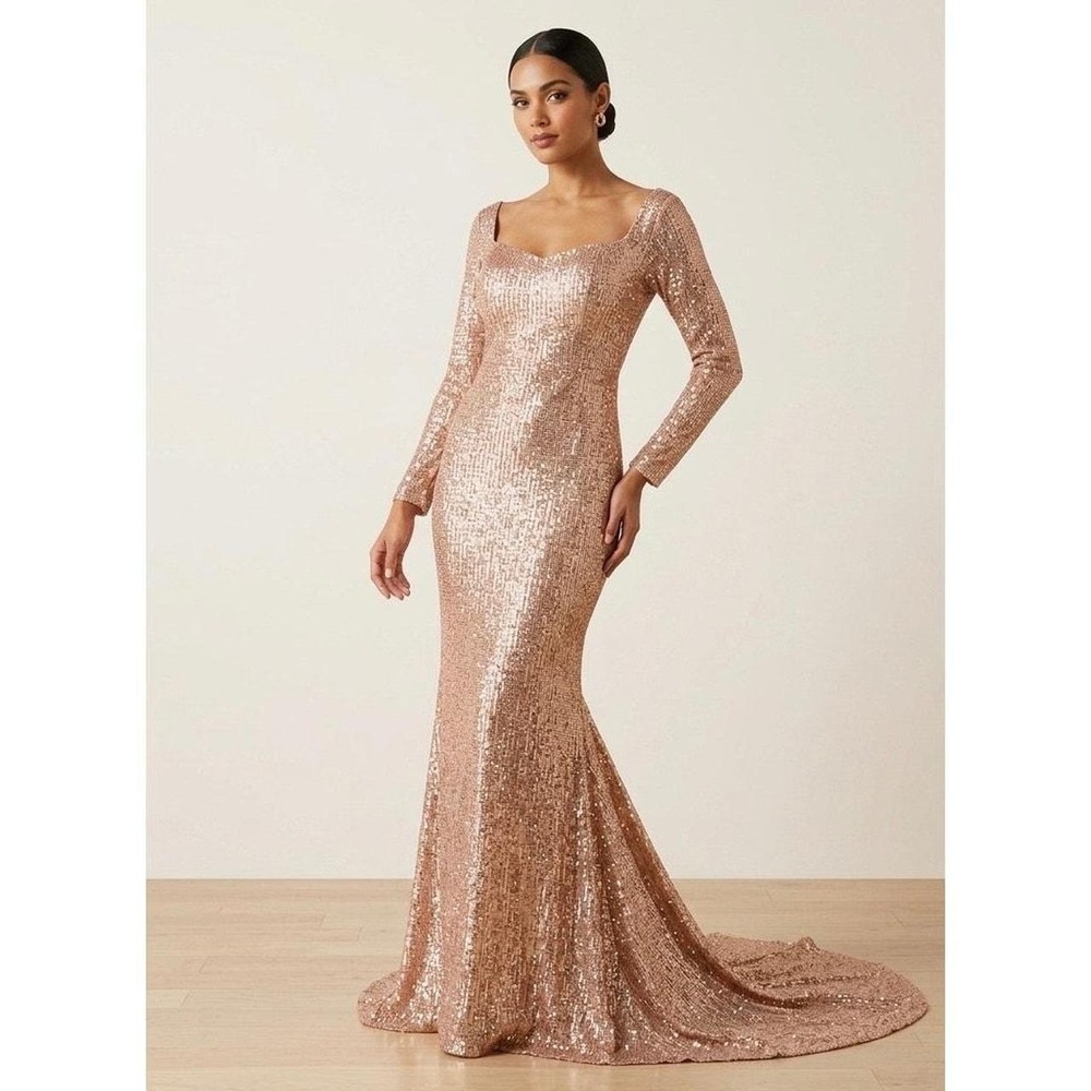 NWT L'Atiste by Amy Rose Gold Sequin Maxi Gown Dress Long Sleeve Train Large